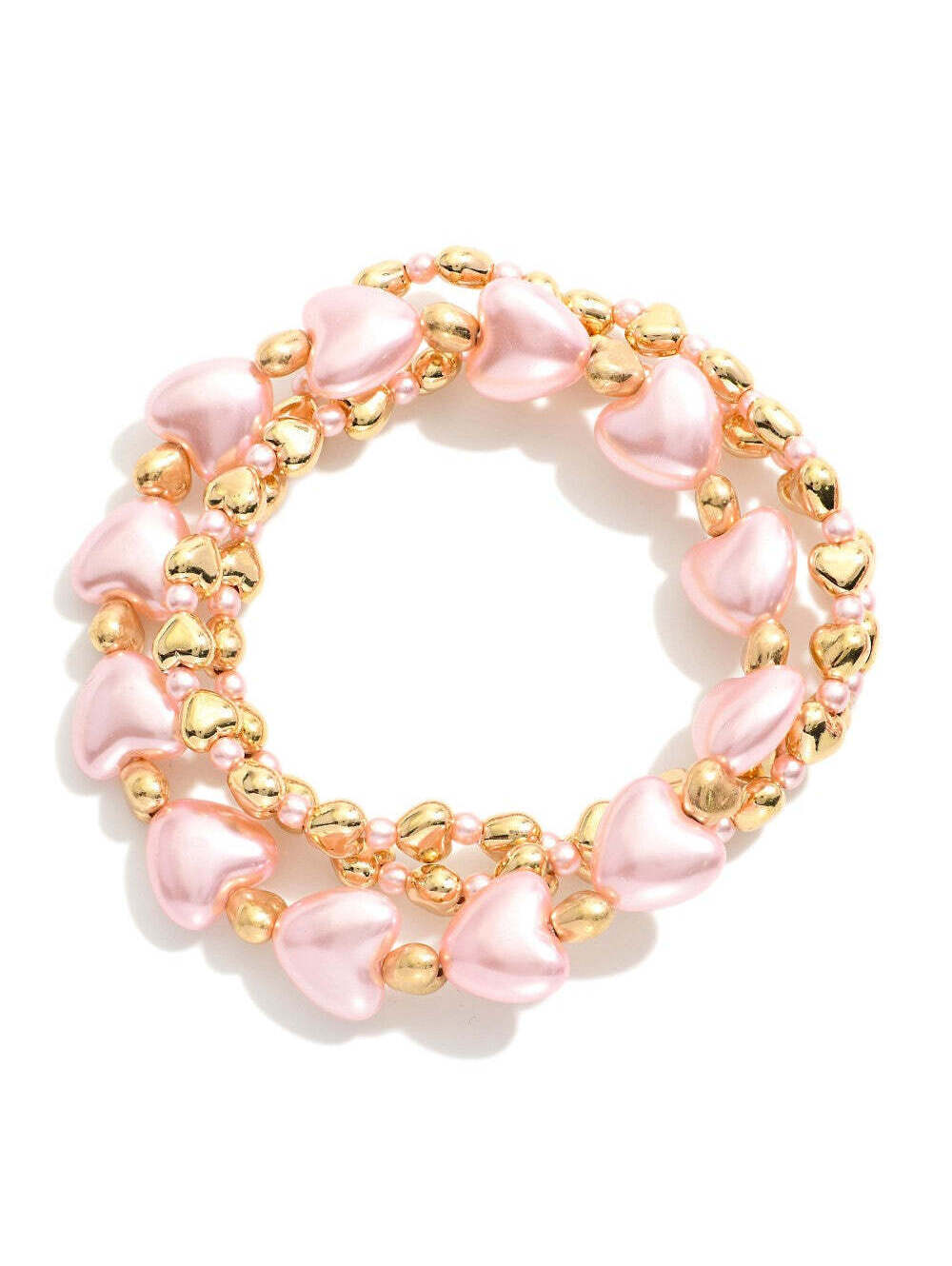 Light Pink Heart Beaded Bracelet Stack Set of 3 Gold Tone Stretch Bracelets